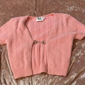 Princess Polly Pink Fuzzy Cropped Cardigan with Horsebit Closure